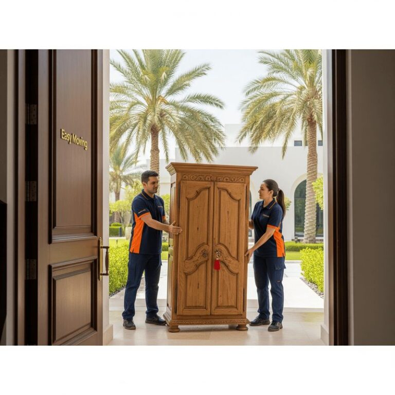 Easy Moving house movers transporting a wooden armoire into a Dubai villa entrance in branded uniforms