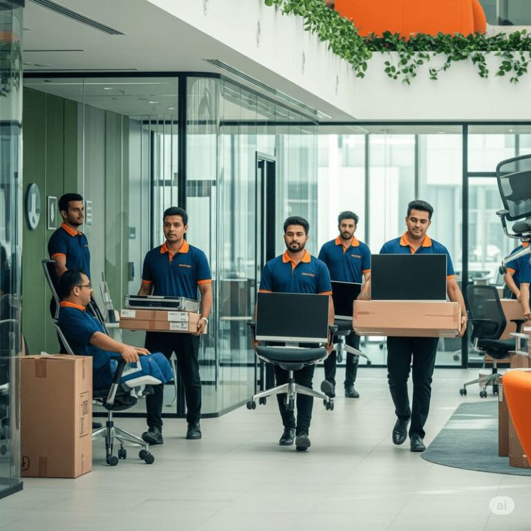 Easy Moving house movers transporting a wooden armoire into a Dubai villa entrance in branded uniforms