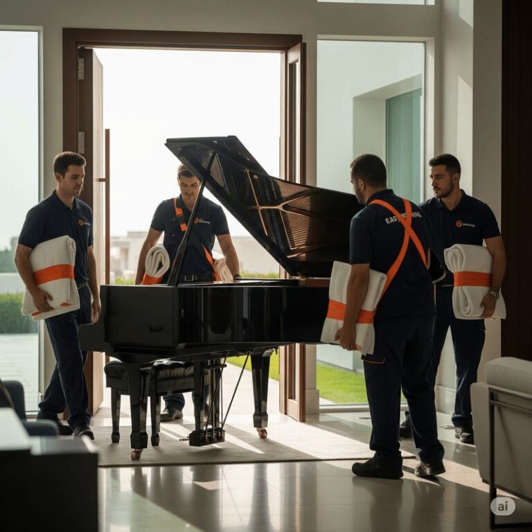 Easy Moving piano movers maneuvering a grand piano into a Dubai home entrance