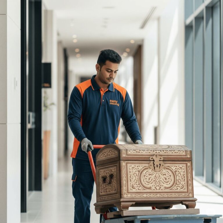Easy Moving single item movers handling an antique chest in a Dubai high-rise hallway