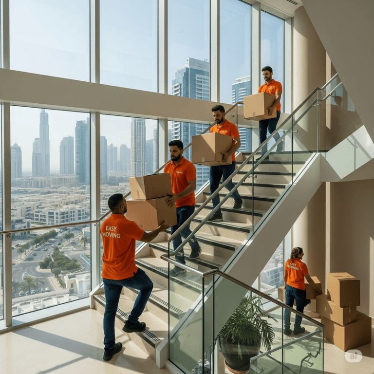 Easy Moving apartment movers carrying boxes up a staircase in a stylish Dubai building