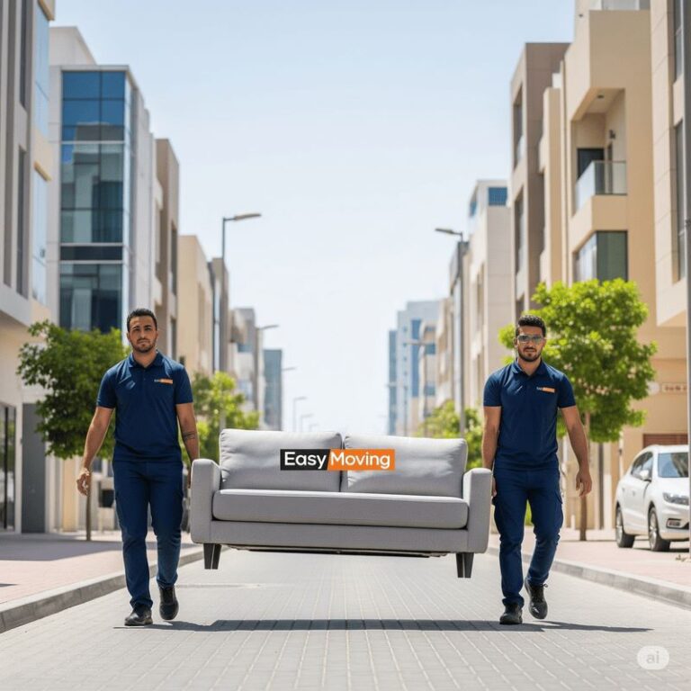 Easy Moving house movers transporting a wooden armoire into a Dubai villa entrance in branded uniforms