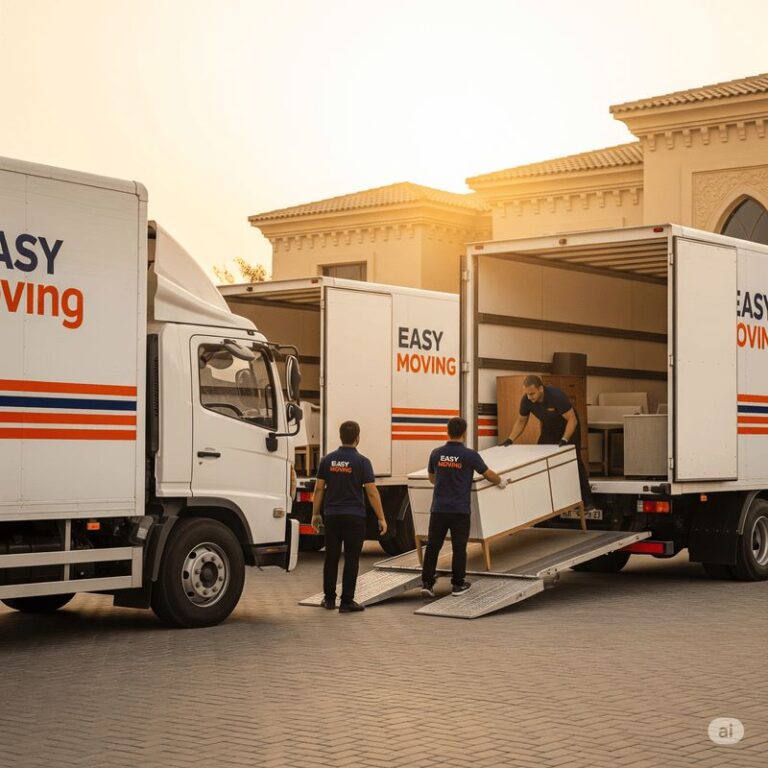 Easy Moving villa movers unloading furniture from branded trucks at a luxury Dubai villa