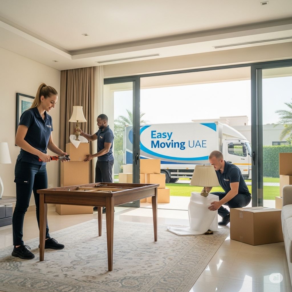 Affordable and reliable local movers disassembling and packing furniture in Dubai villa